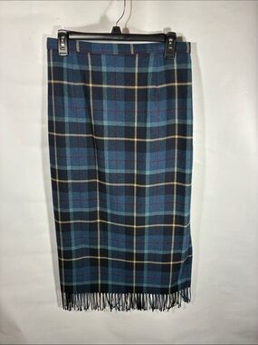 Requirements Navy Blue Plaid Fringe Midi Skirt